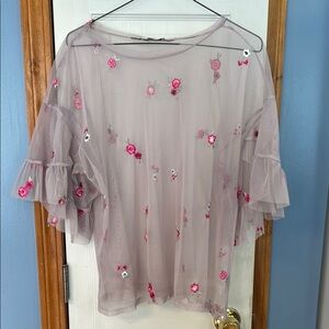 Floral Embroidered Sheer Pink Top